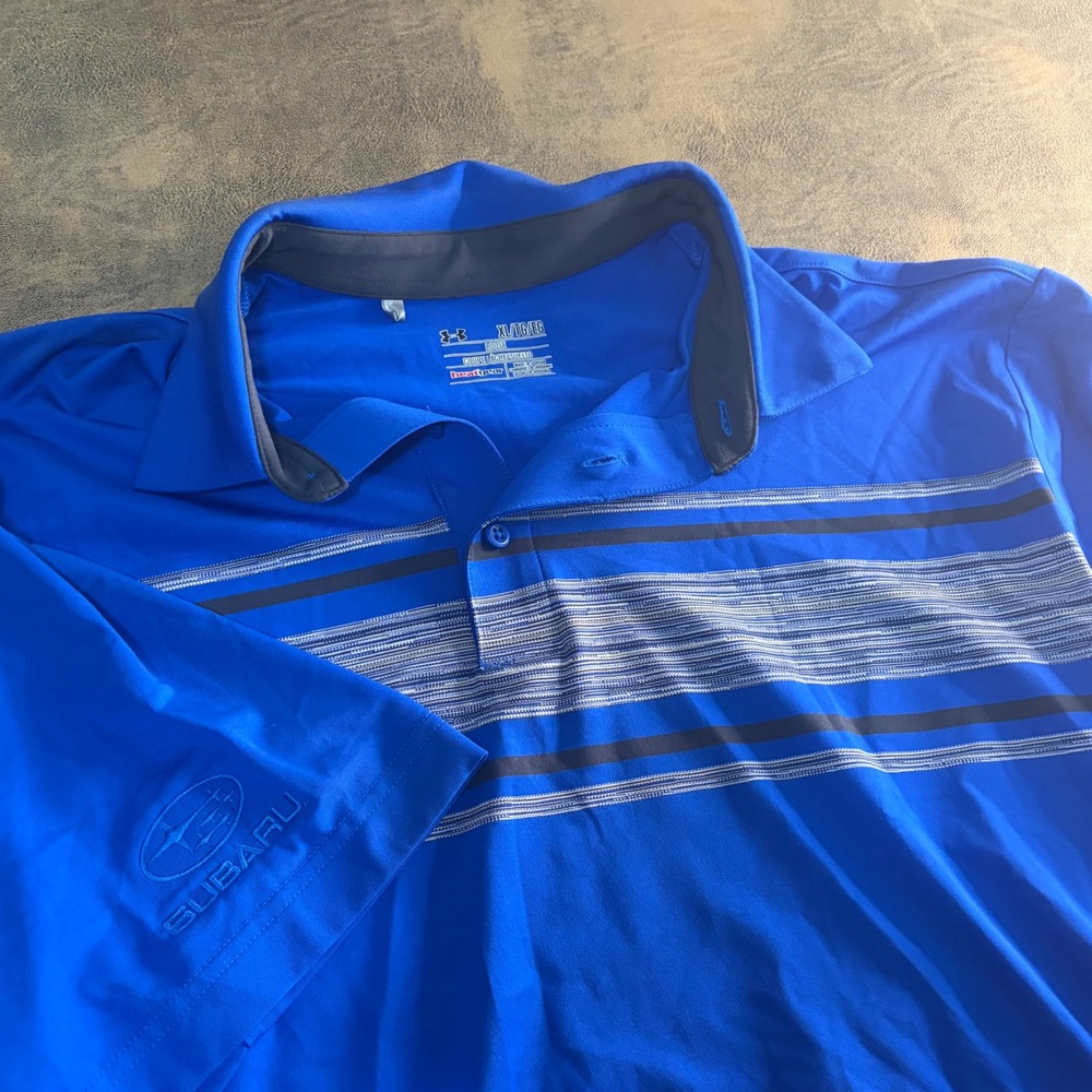 Under Armour Polo Shirt Mens XL Blue Subaru HeatGear Striped Performance Golf